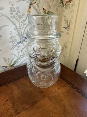 Vintage Libbey Glass Clear Snowman Jar with Lid Christmas Candy Jar